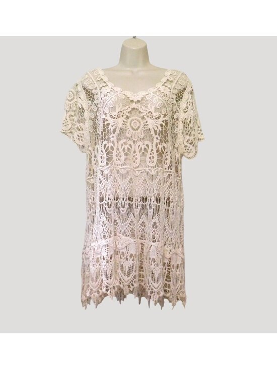 Tops - Crochet Lace Tunic Top Womens XL Cream Short Sleeves Boho Style